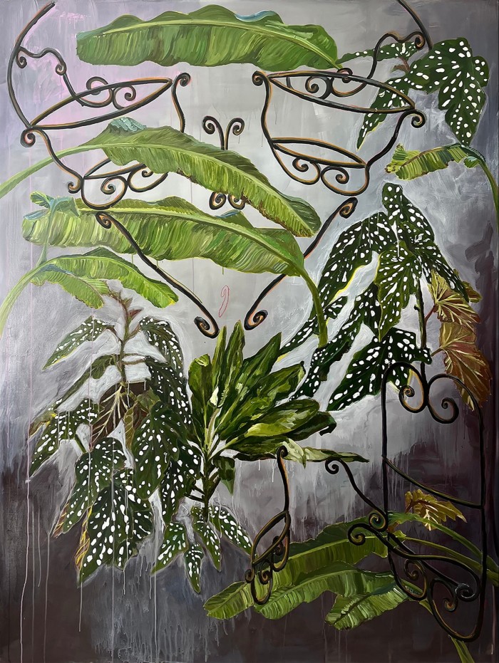 The painting shows different varieties of vegetation – some variegated, others with small white dots – against a mottled grey background