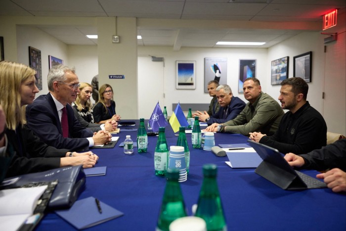 Nato secretary-general Jens Stoltenberg, left, meets Zelenskyy during the UN General Assembly in New York