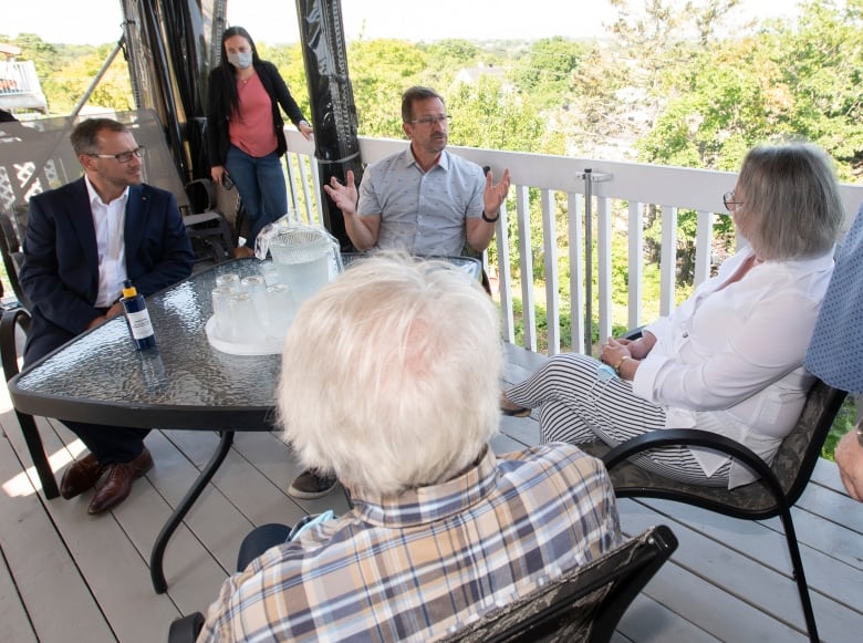 Bloc Quebecois Leader Yves-Francois Blanchet meets seniors under 75years old during a campaign stop Tuesday, Aug. 17, 2021 in Montmagny Que.