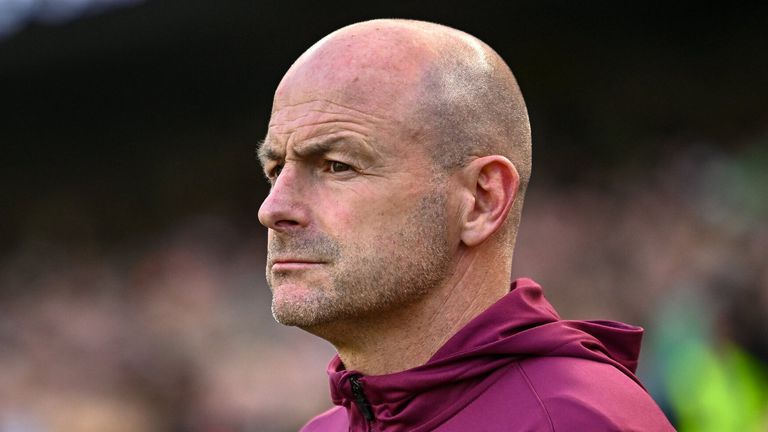 Dublin , Ireland - 7 September 2024; England interim manager Lee Carsley, wearing black armbands in memory of the late England manager Sven Goran Eriksson, during the anthems before the UEFA Nations League B Group 2 match between Republic of Ireland and England at Aviva Stadium in Dublin. via Getty Images)