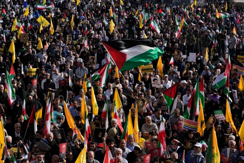 A sea of hundreds of people is shown, some carrying orange flags, while others carry black, red and white flags.