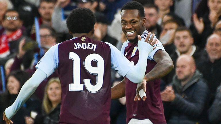 Aston Villa's Jhon Duran, right, celebrates with Aston Villa's Jaden Philogene after scoring the opening goal during the Champions League opening phase soccer match between Aston Villa and Bayern Munich, at Villa Park in Birmingham, England, Wednesday, Oct. 2, 2024. (AP Photo/Rui Vieira)