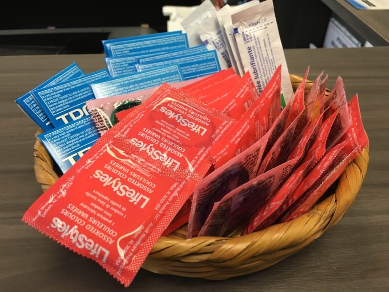 A basket of multi-coloured condoms sits on a table.