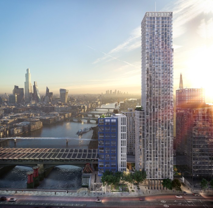 An architect’s photographic rendering of a very tall tower block on the south bank of the river Thames. The various towers of the City can be seen in the middle distance