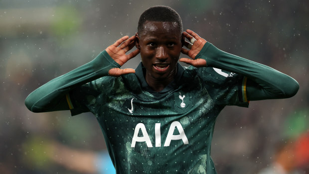 Pape Matar Sarr of Tottenham Hotspur celebrates scoring his team's first goal.