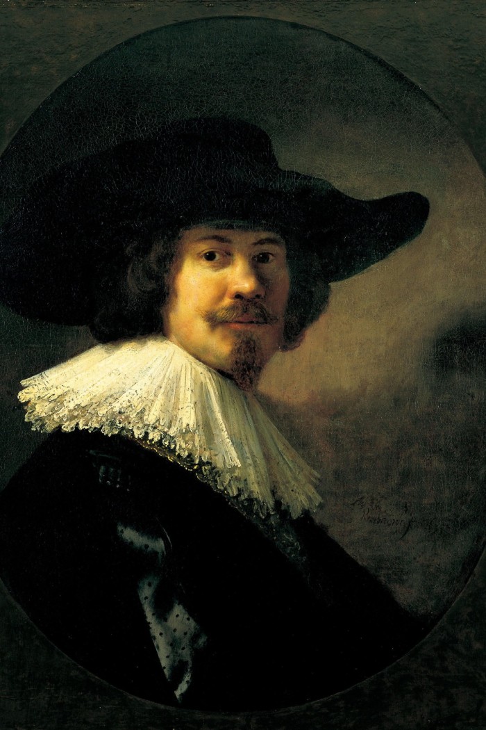 A 17th-century painting of a man in black coat and hat, with a white frilly ruff around his neck