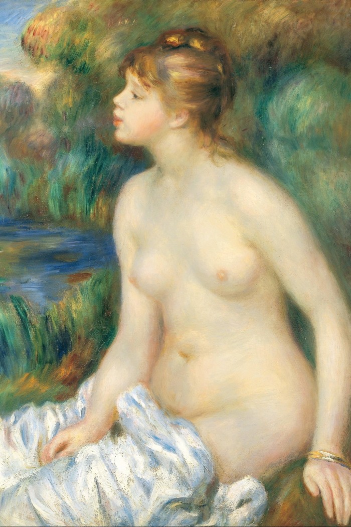 A 19th-century painting of a nude woman with her hair tied up and a white sheet on her legs