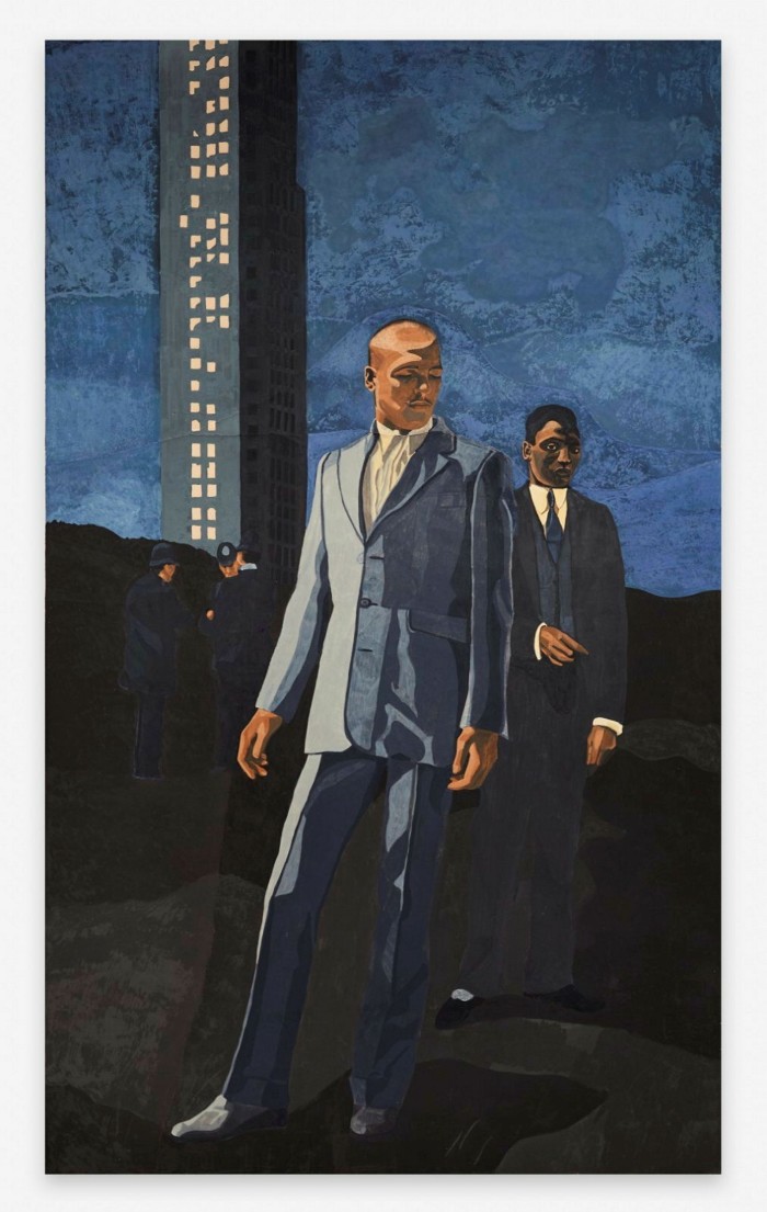 Painting of two young men in sharp, pale-blue suits, with two policemen behind them and a very tall high-rise tower block in the distant background