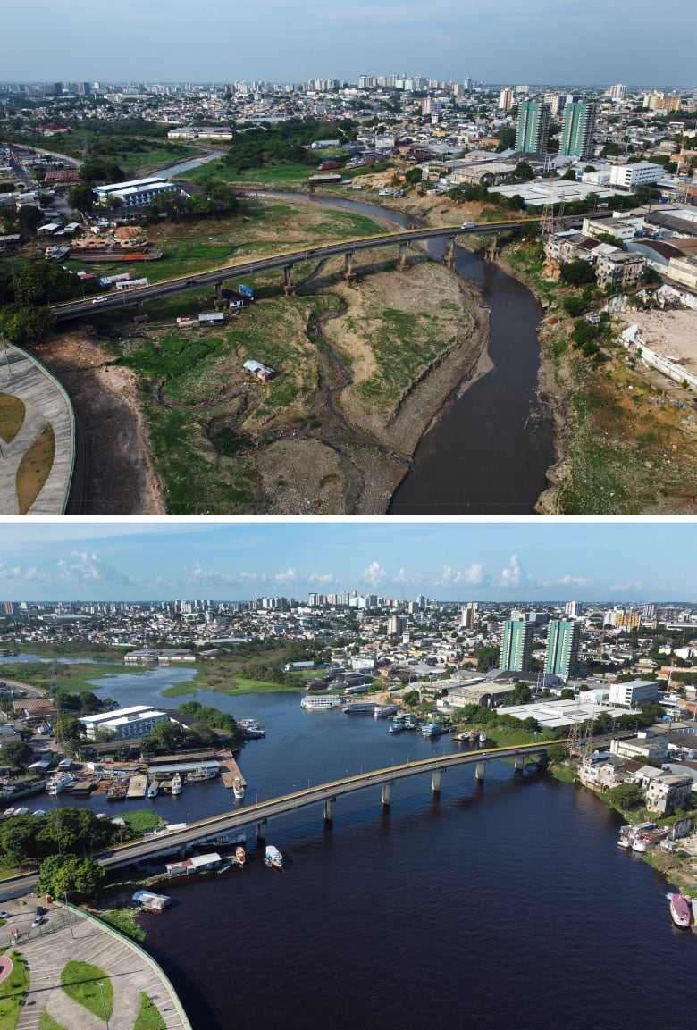 A composite image shows two aerial shots of the same location. The bottom image shows a bridge over a full river. The top image shows the same location, but the bridge is largely over land, with the river shrunk to a thin ribbon. 