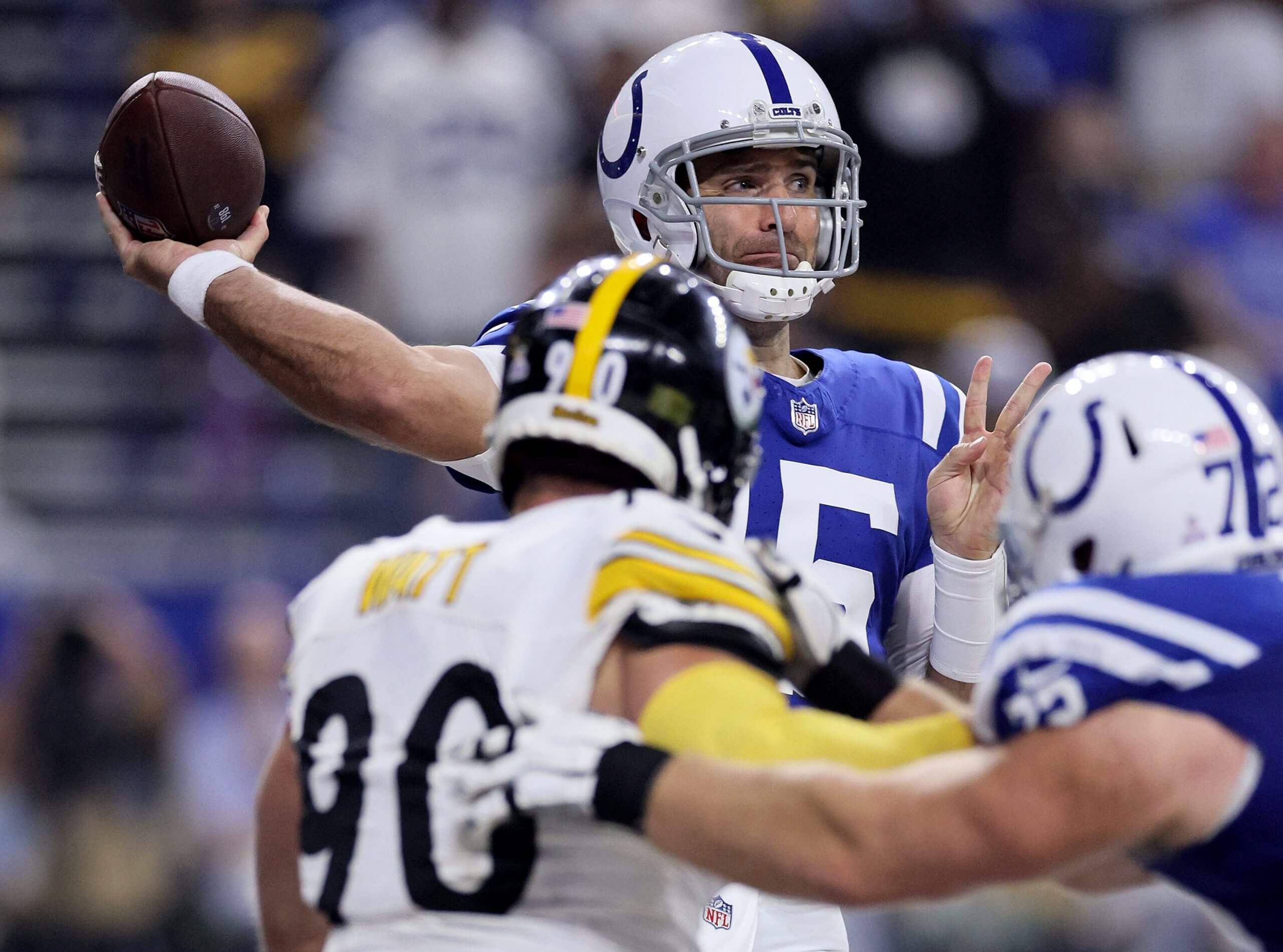 Joe Flacco of the Indianapolis Colts passes against the Pittsburgh Steelers during the first half at Lucas Oil Stadium on September 29, 2024 in Indianapolis, Indiana.