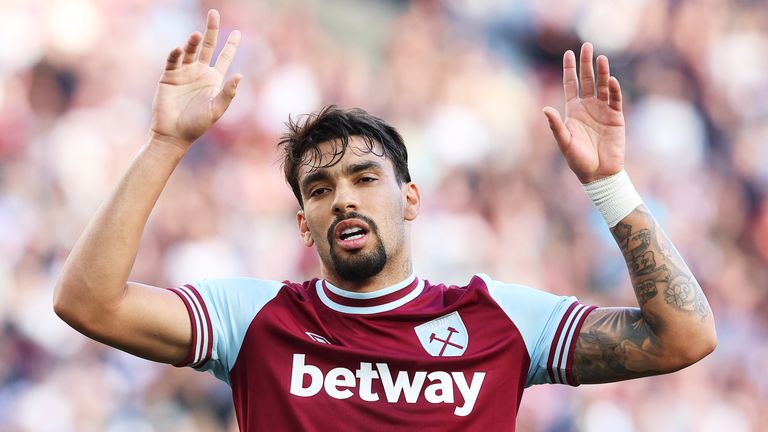 Lucas Paqueta of West Ham United celebrates scoring his team's fourth goal during the Premier League match between West Ham United FC and Ipswich Town FC at London Stadium