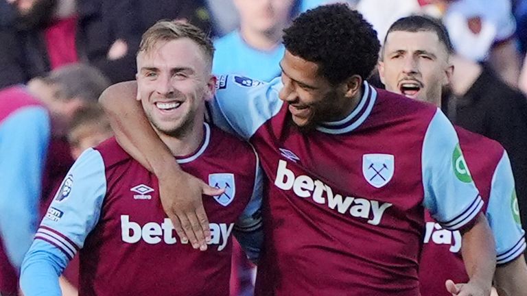 West Ham United's Jarrod Bowen celebrates scoring the Hammers' third goal against Ipswich