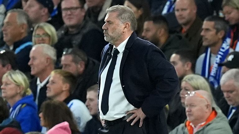 Tottenham Hotspur manager Ange Postecoglou during the Premier League match at the American Express Stadium, Brighton. Picture date: Sunday October 6, 2024.