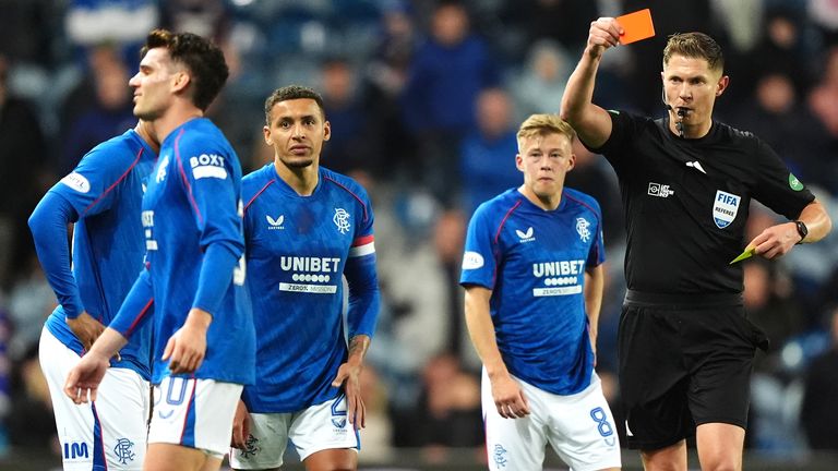 Rangers' Ianis Hagi is shown a red card by referee David Dickinson