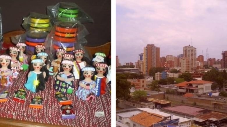 Colourful craft market in Venezuela -- showing handmade dolls. And a skyline of buildings in a town in Venezuela