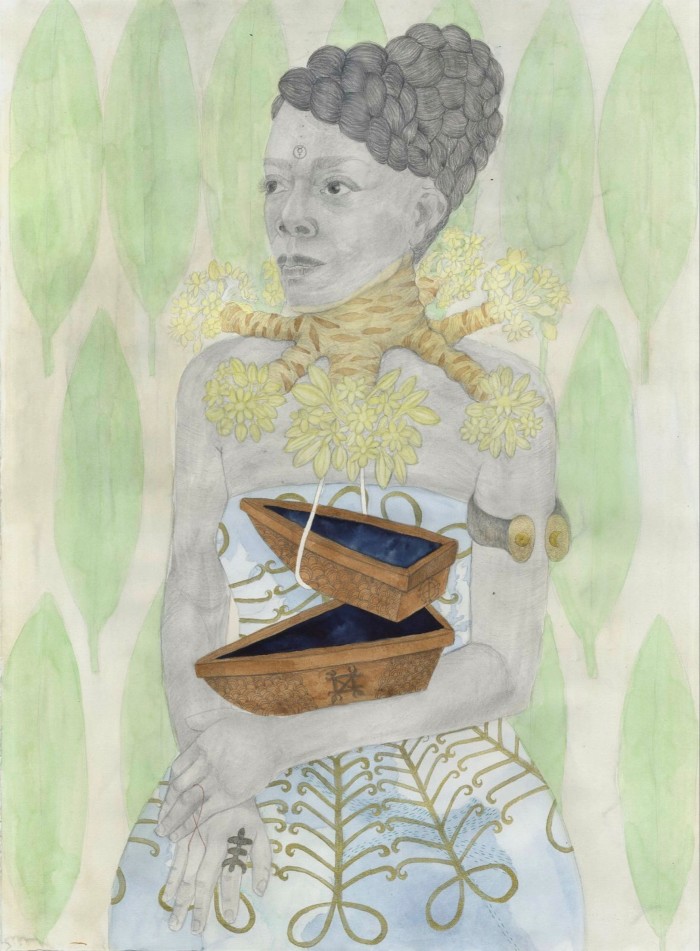 A surreal portrait of a woman with braided hair, wearing a dress adorned with intricate patterns, a tree-like form growing from her neck, and a small open coffin attached to her chest. The background features large leaf shapes in soft green hues