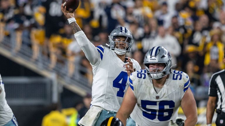 Dallas Cowboys quarterback Dak Prescott (4) throws a pass during an NFL football game, Sunday, Oct. 6, 2024, in Pittsburgh. (AP Photo/Matt Durisko)