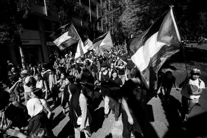 Protesters carrying Palestinian flags 