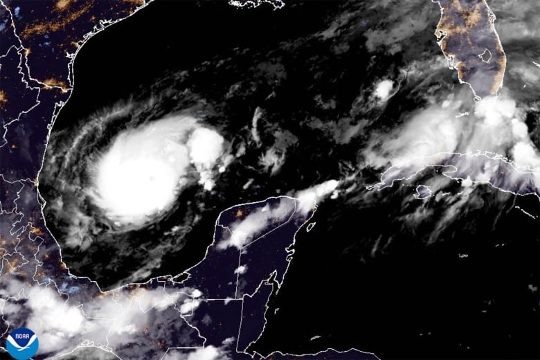 A satellite image of  a hurricane