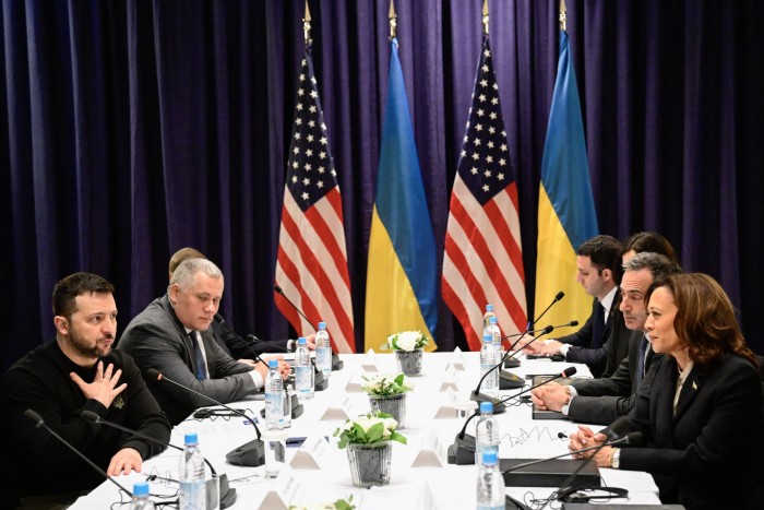 Ukrainian President Volodymyr Zelenskyy meets the US vice-president at the Munich Security Conference in February