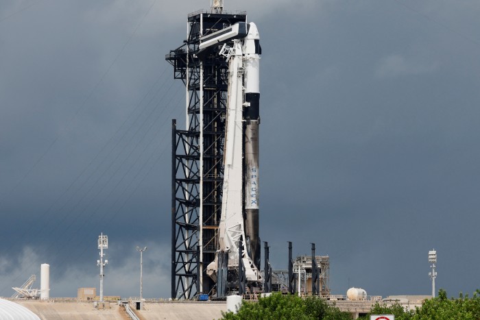 A SpaceX Falcon 9 rocket on the launch pad at the Kennedy Space Centre in Cape Canaveral, Florida, before the launch of the commercial Polaris Dawn flight in August 2024