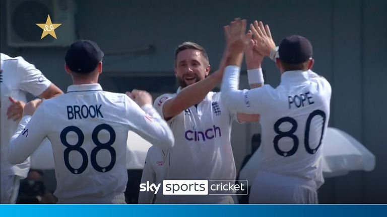 Chris Woakes sent the wickets tumbling with his first delivery on day four of England&#39;s first test against Pakistan.