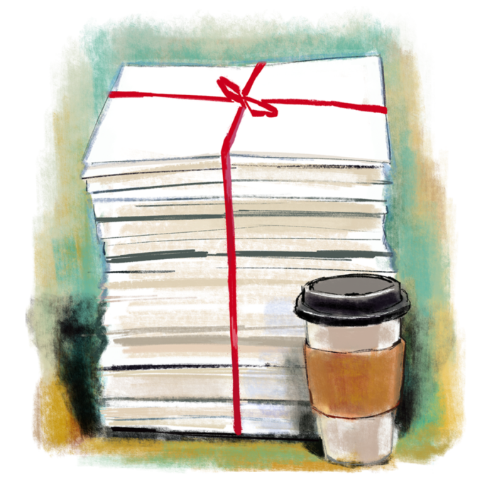 An illustration of a stack of papers tied in red twine, with a takeaway cup of coffee