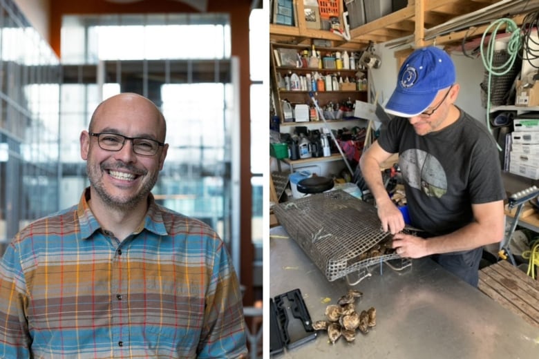 On the left is a headshot photo of a man smiling with glasses, and on the right is the same man opening a cage of oysters. 