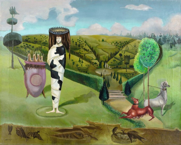 Surreal painting of a well-manicured country landscape, with two horse-like animals, out of scale, tethered to a tree, and a woman draped in what looks like a white-and-black cow skin wearing a hat shaped like a lampshade