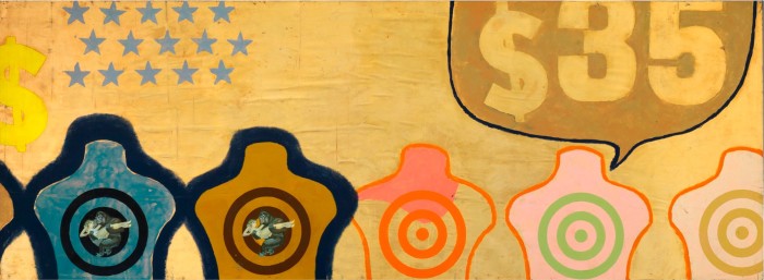 Garish pop art piece featuring four shooting-range torsos, two of which have illustrations of King Kong carrying a woman on the target, one of which has a speech bubble coming out of its mouth which reads “$35”