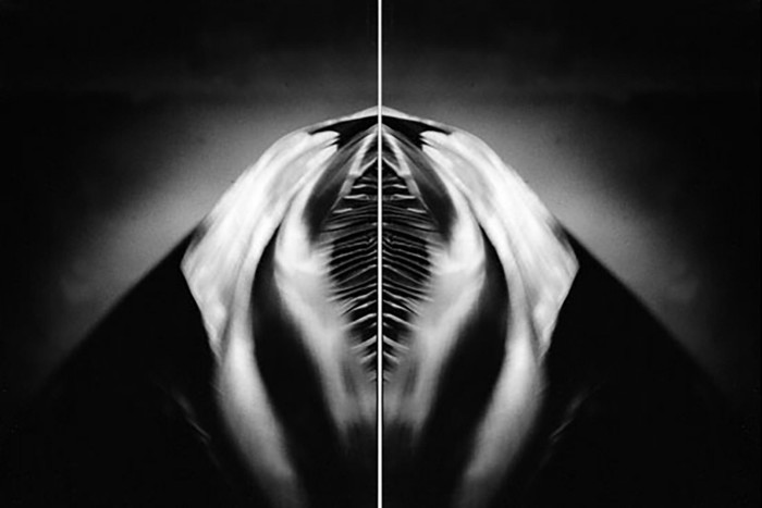 Black and white photograph of what looks flapping cloak, which has been mirrored to create a symmetrical pattern