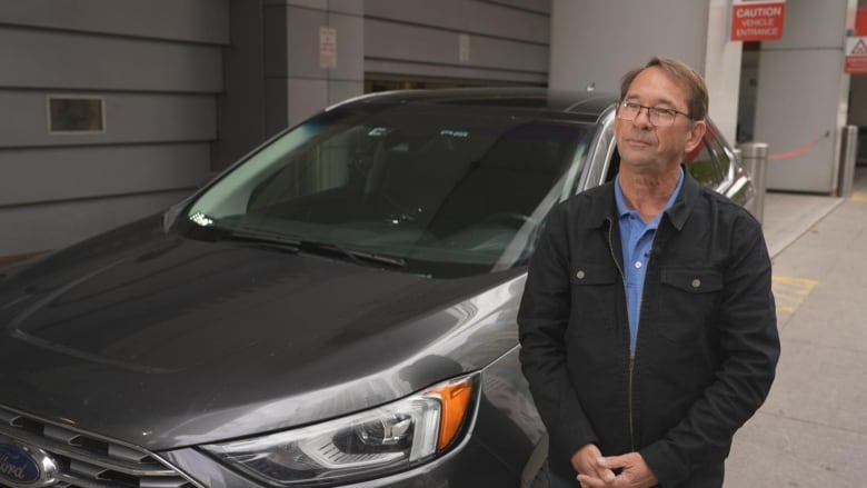 A man with brown hair glasses, dark bomber style jacket and blue shirt stands beside a dark grey car outside a parkade.  