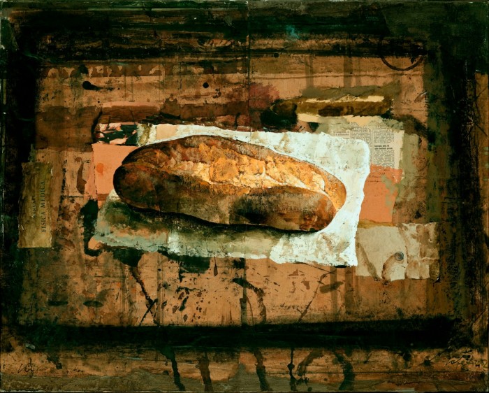 A painting in muted colours shows a crusty white loaf of bread on a white cloth surrounded by splashes of paint and fragments of newspaper 