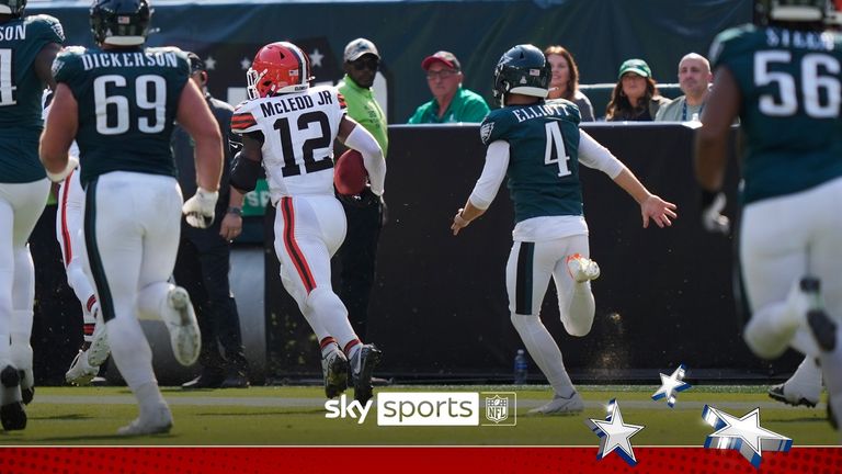 Cleveland&#39;s Myles Garrett blocked the field goal attempt and Rodney McLeod Jr capitalised to score the touchdown.