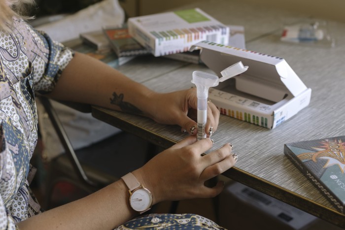 A 23andMe DNA genetic testing kit in Oakland, California