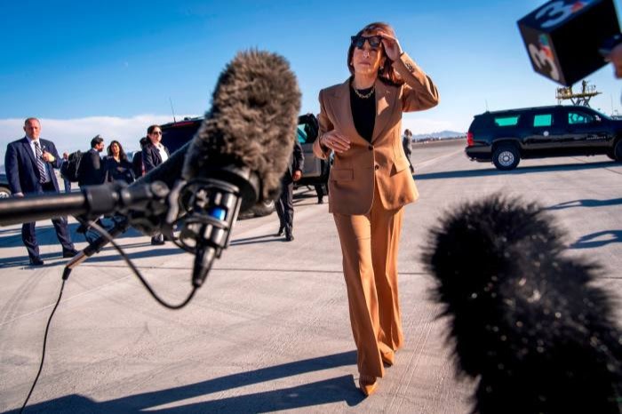 Kamala Harris in a tan suit in Las Vegas this month