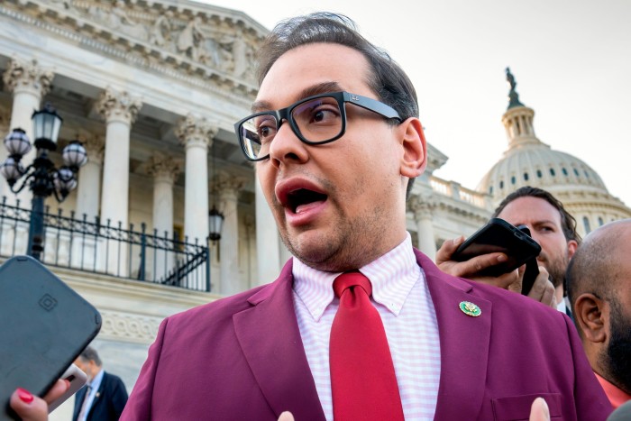 Republican congressman George Santos speaks to media outside Capitol Hill