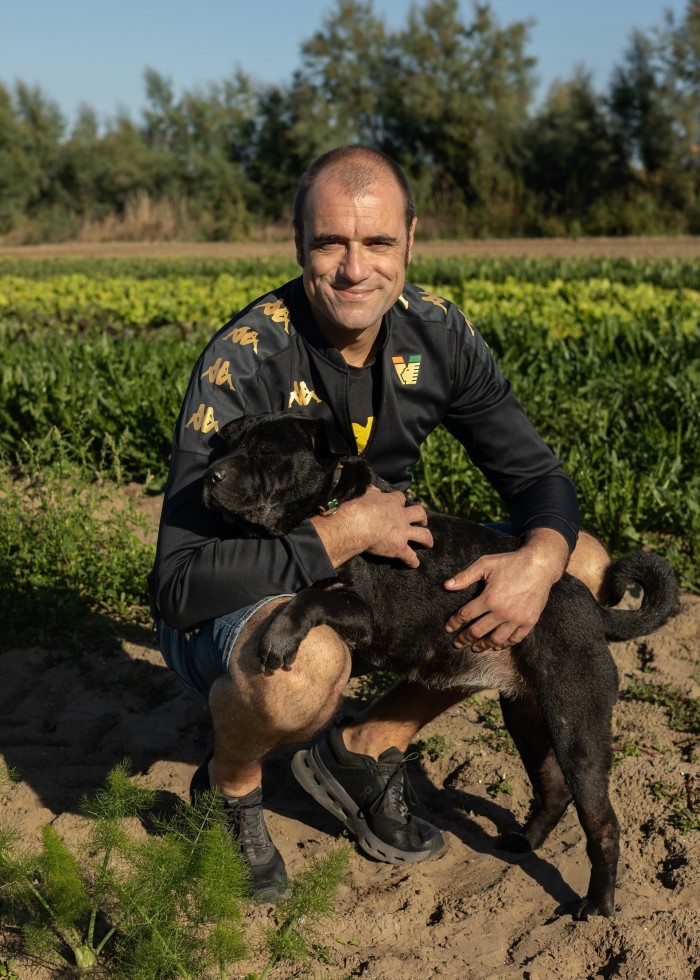 Alvise Cinelli kneeling in a field with a black Labrador at the Osti in Orto cooperative