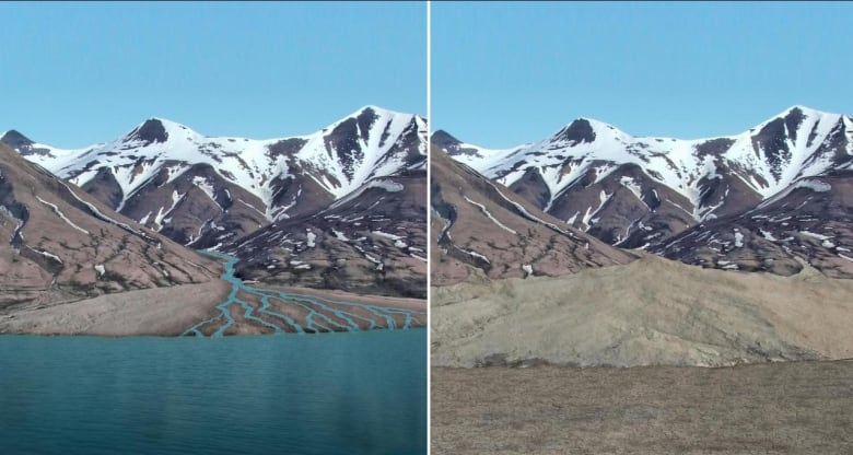 Two images side by side depict the geology at Gale crater where in the left scenario, we see water draining in channels from the mountains behind, and in the right scenario, the channels are dry.