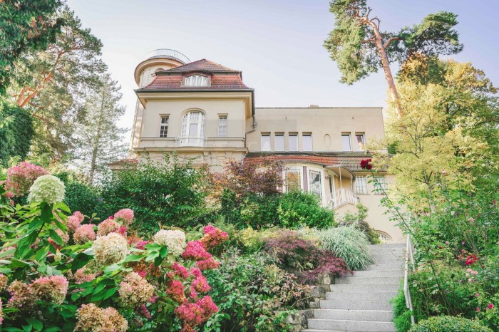 A stone staircase, bordered by greenery and flowering shrubs, leads up through a villa