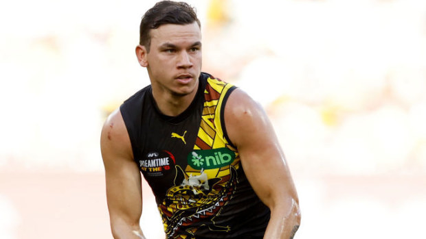 Daniel Rioli of the Tigers runs with the ball.