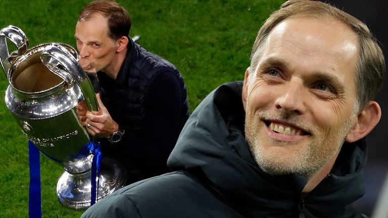 Then Bayern&#39;s head coach Thomas Tuchel smiles prior the start of the Champions League quarter final second leg soccer match between Bayern Munich and Arsenal at the Allianz Arena in Munich, Germany, Wednesday, April 17, 2024. 