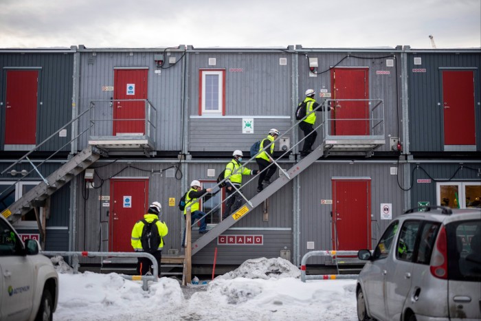 Workers in temporary huts at the Northvolt gigafactory near the town of Skellefteå