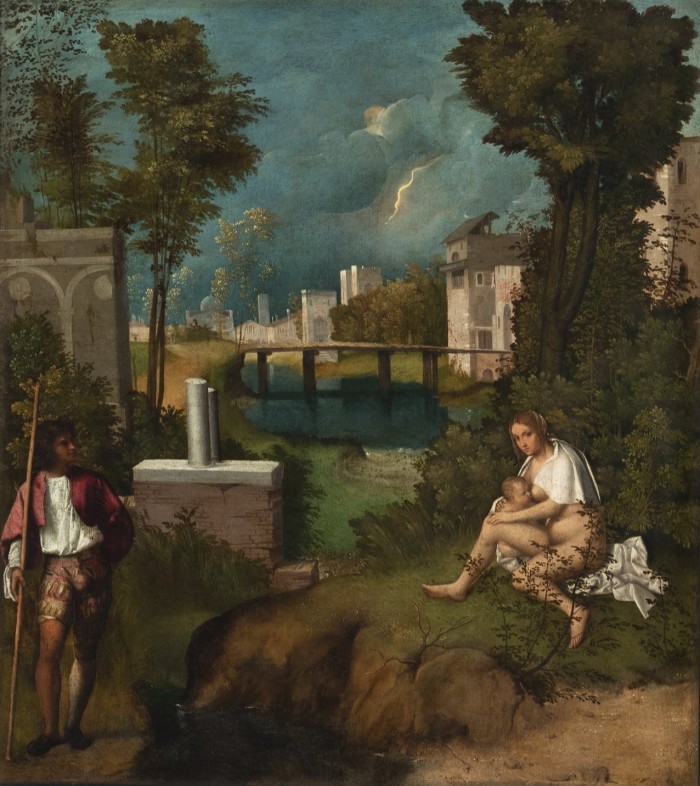 Giorgione’s ‘The Tempest’: lightning strikes in a turquoise sky over a distant town; in the foreground are a man and a woman nursing a baby