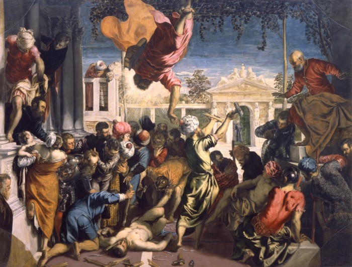 Miracle of the Slave’, 1548, by Tintoretto: St Mark descends head first from the heavens to save a Christian captive surrounded by a crowd from torture 