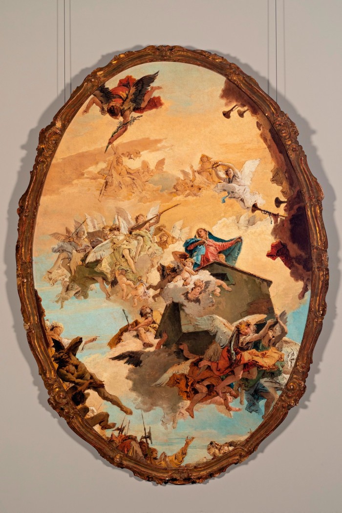 Giambattista Tiepolo’s oil sketch for his ‘The Transport of the Holy House of Loreto’ fresco: an oval painting of angel and cherubs surging around Mary as her Nazareth home moves to the pilgrim site Loreto 