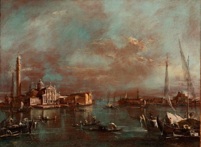 Francesco Guardi’s ‘St Mark’s Basin with the Island of San Giorgio and the Giudecca’, depicting St Giorgio Maggiore church on the water, with canal reflections and boats beneath a smoky sky