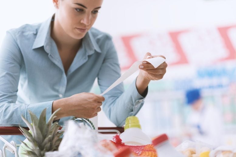 Woman Checking Long Grocery Receipt