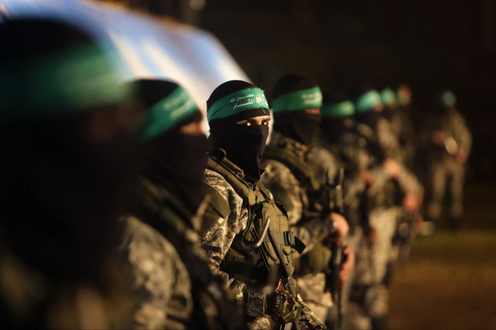 Palestinian members of the Ezzedine al-Qassam Brigades, the armed wing of Hamas