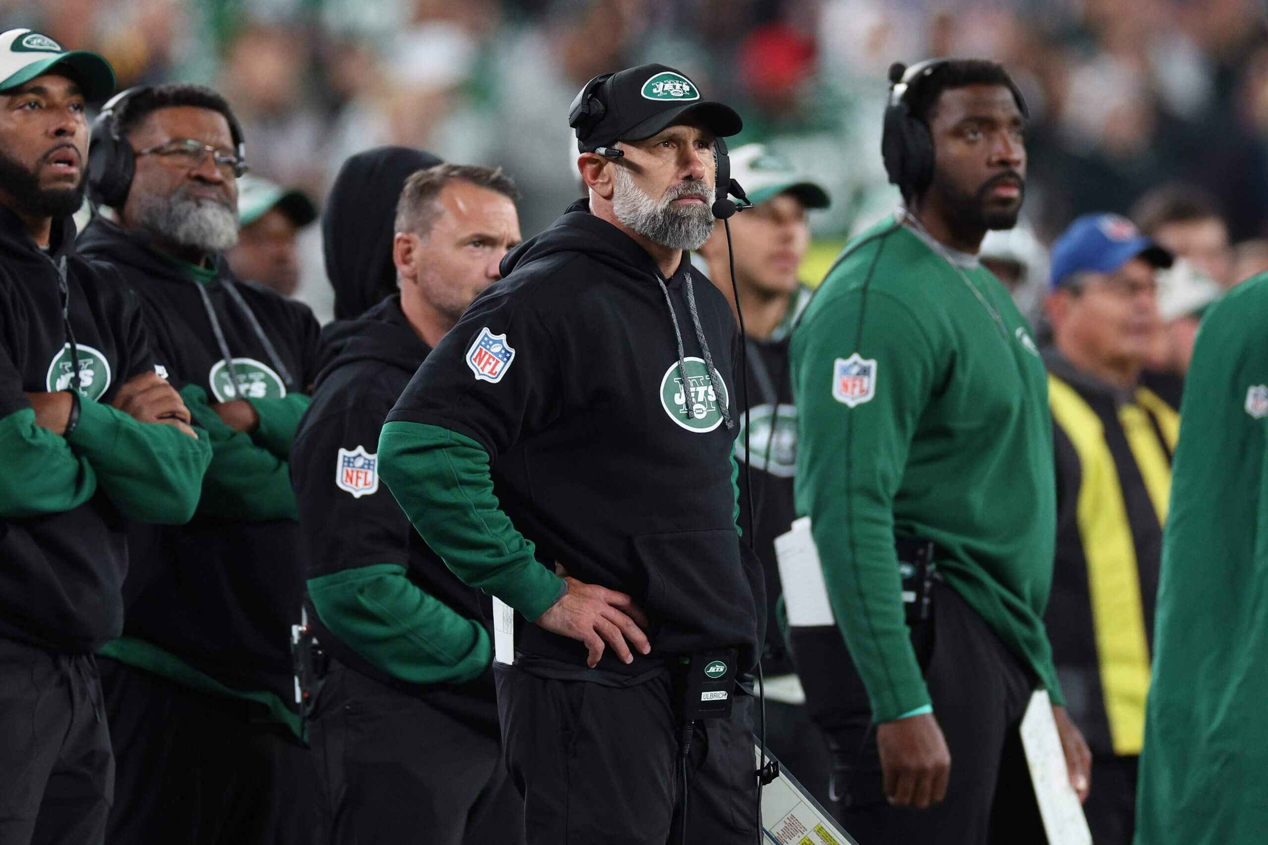 Interim head coach Jeff Ulbrich of the New York Jets reacts in the game against the Buffalo Bills at MetLife Stadium on October 14, 2024 in East Rutherford, New Jersey.